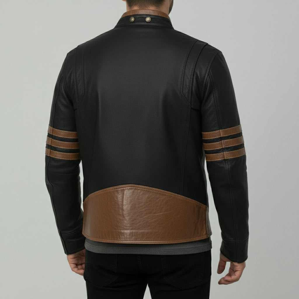 Men's Black and Brown Leather Biker Jacket