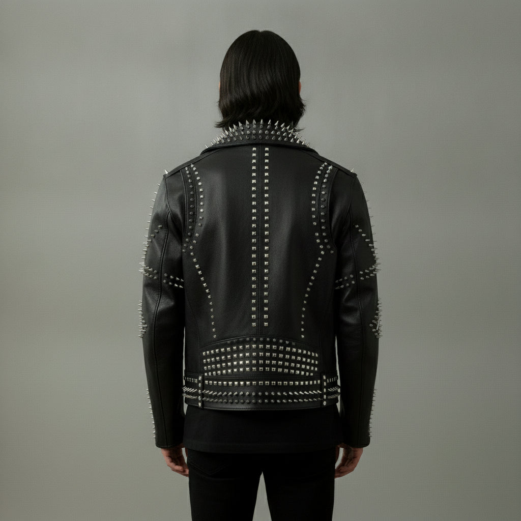 Men's Black Embroidered Studded Leather Biker Jacket – Rebels Market