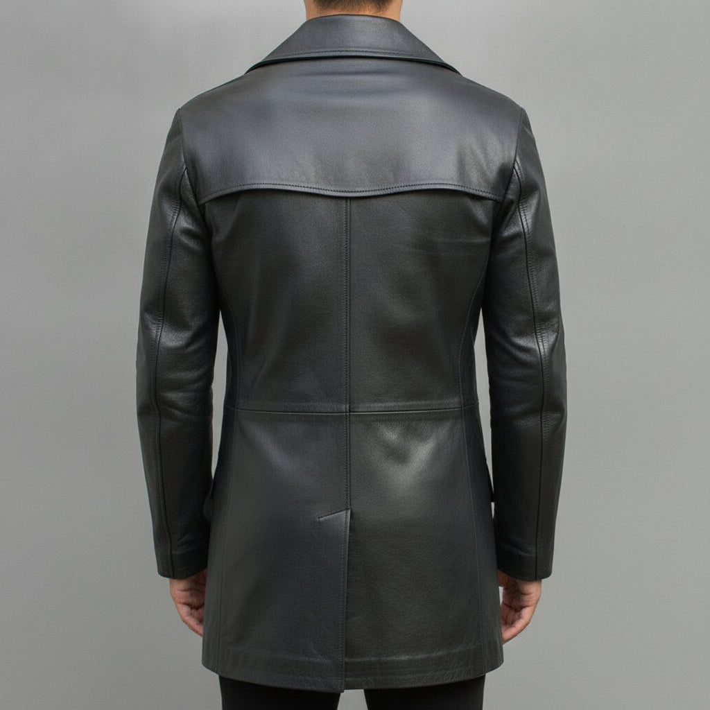 Men's Black Leather Trench Coat