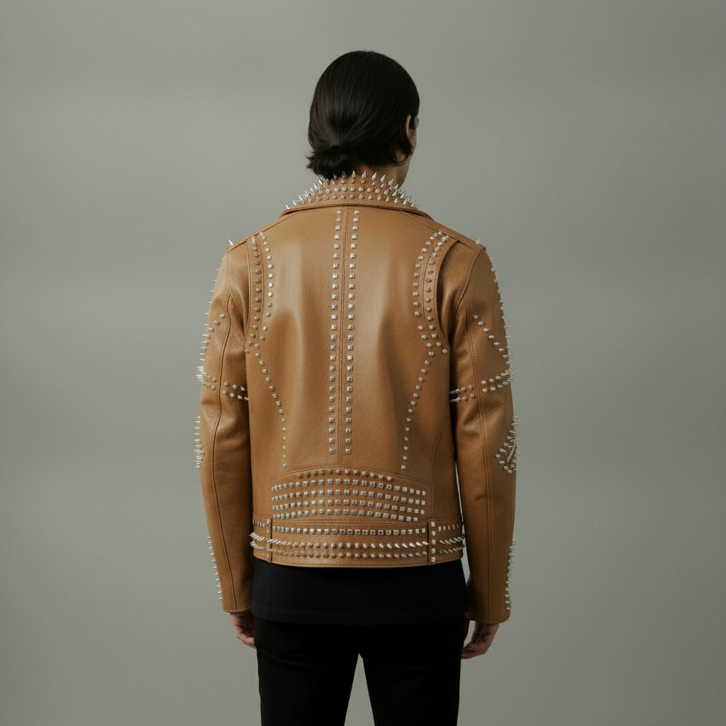 Men's Tan Embroidered Studded Leather Biker Jacket