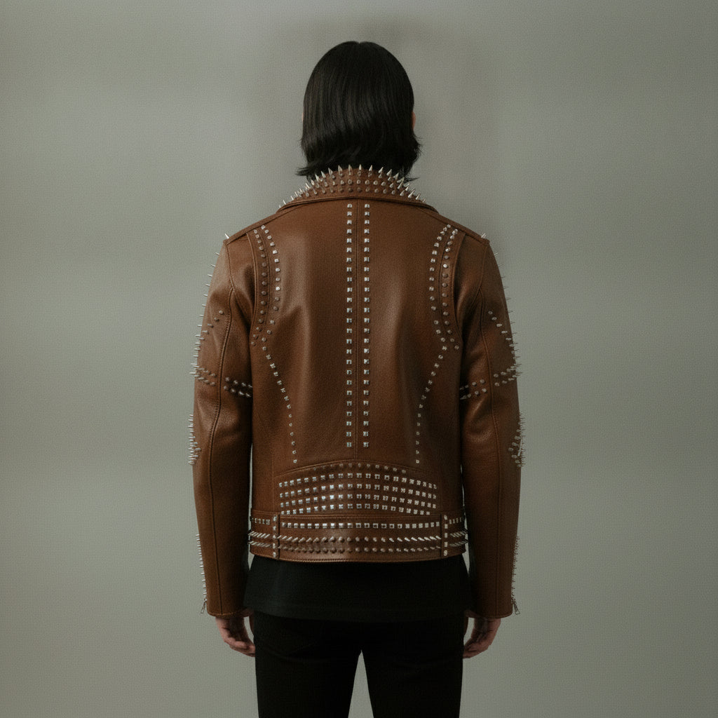 Men's Brown Embroidered Studded Leather Biker Jacket