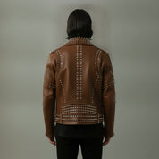 Men's Brown Embroidered Studded Leather Biker Jacket