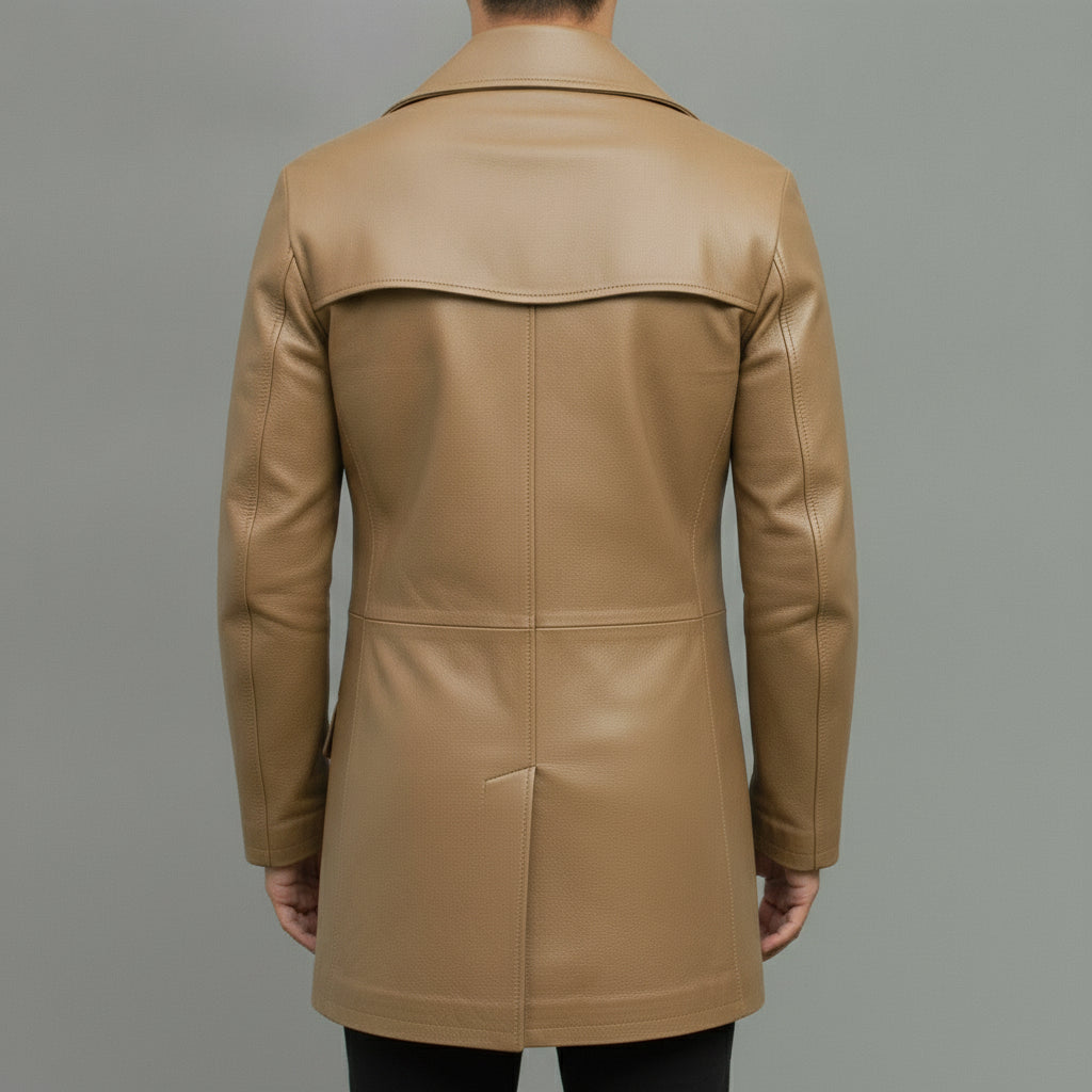 Men's Tan Leather Trench Coat