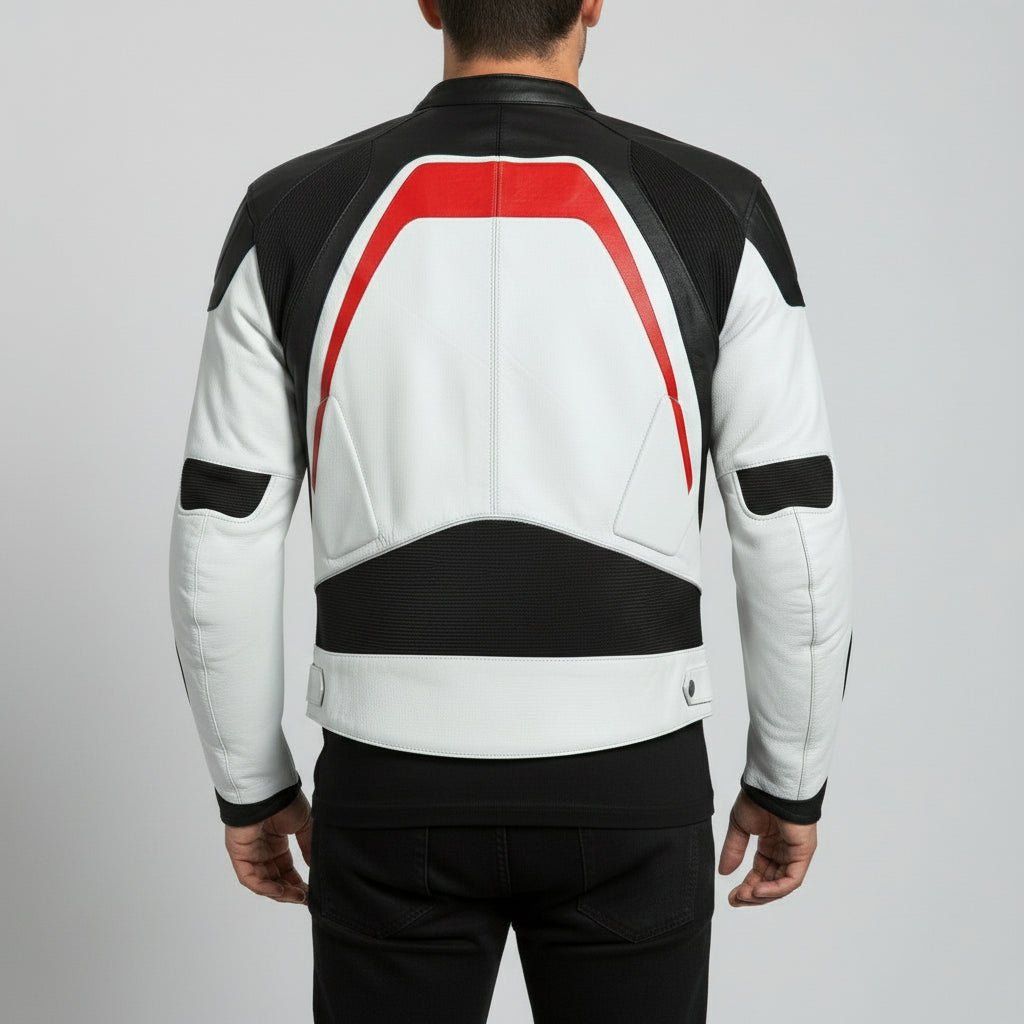 Men's White, Black, and Red Leather Biker Jacket