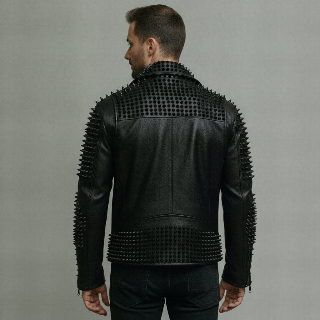 Men's Black Studded Leather Biker Jacket