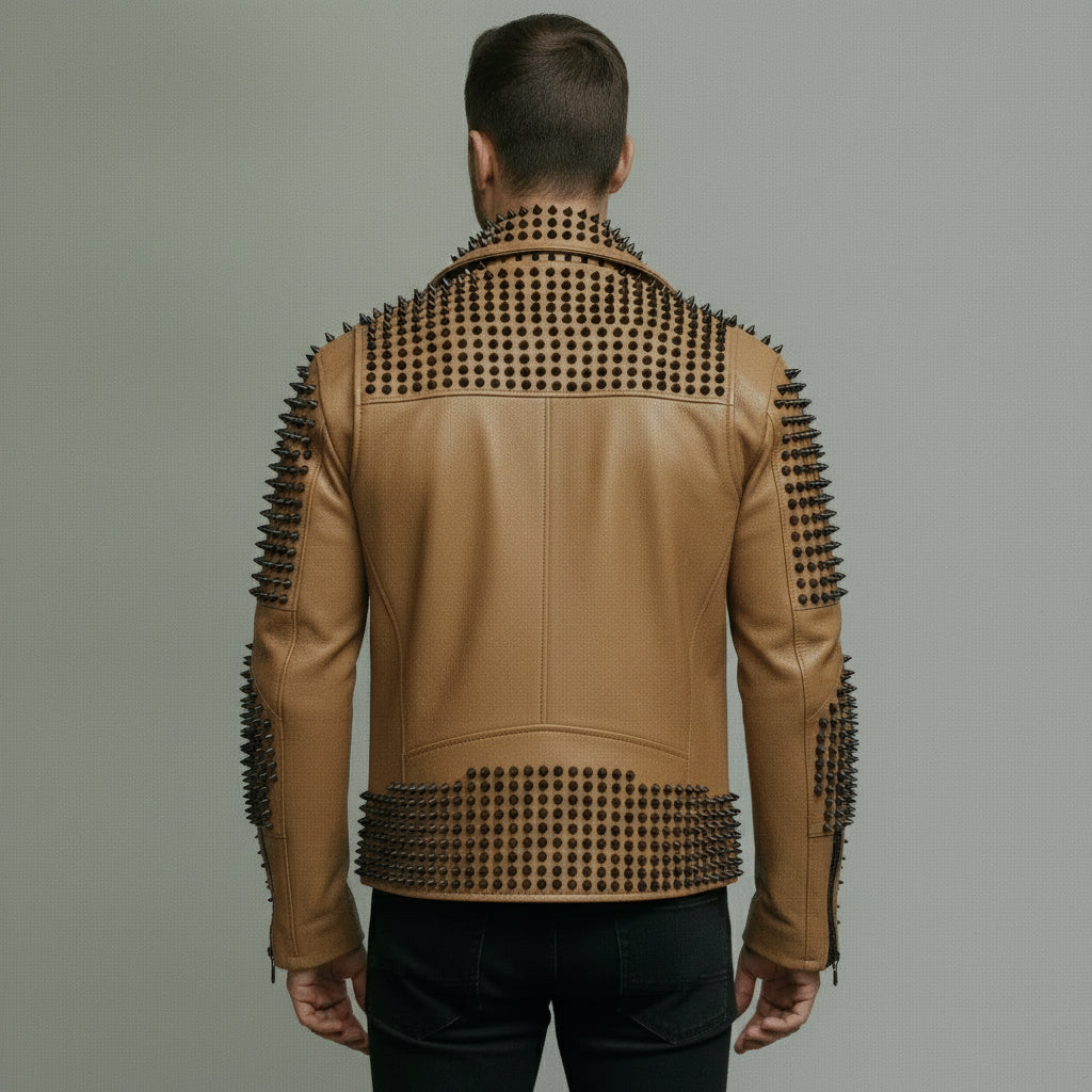 Men's Tan Studded Leather Biker Jacket