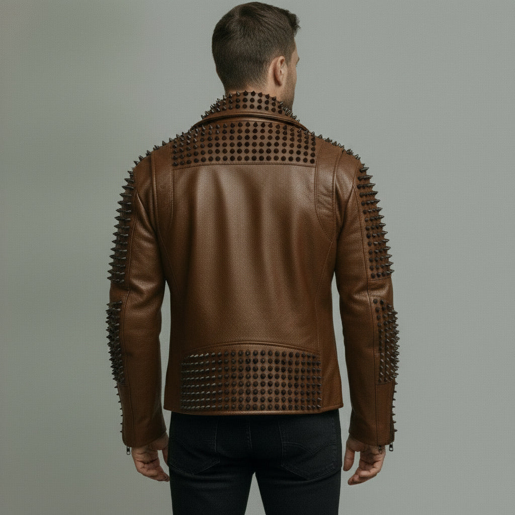 Men's Brown Studded Leather Biker Jacket