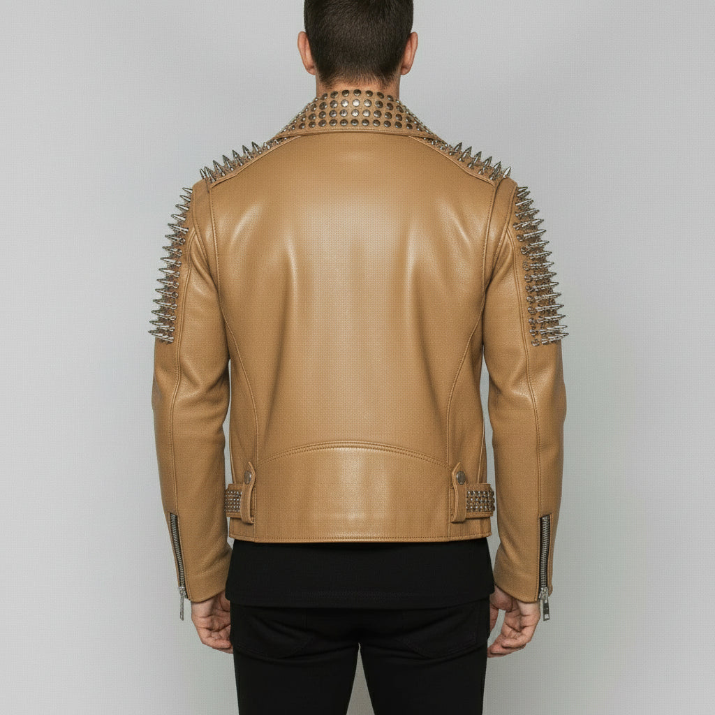 Men's Tan Studded Leather Biker Jacket