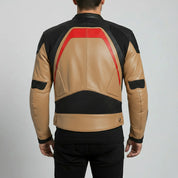 Men's Two-Tone Tan and Black Leather Biker Jacket with Red Accents