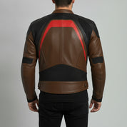 Men's Two-Tone Brown and Black Leather Biker Jacket with Red Accents
