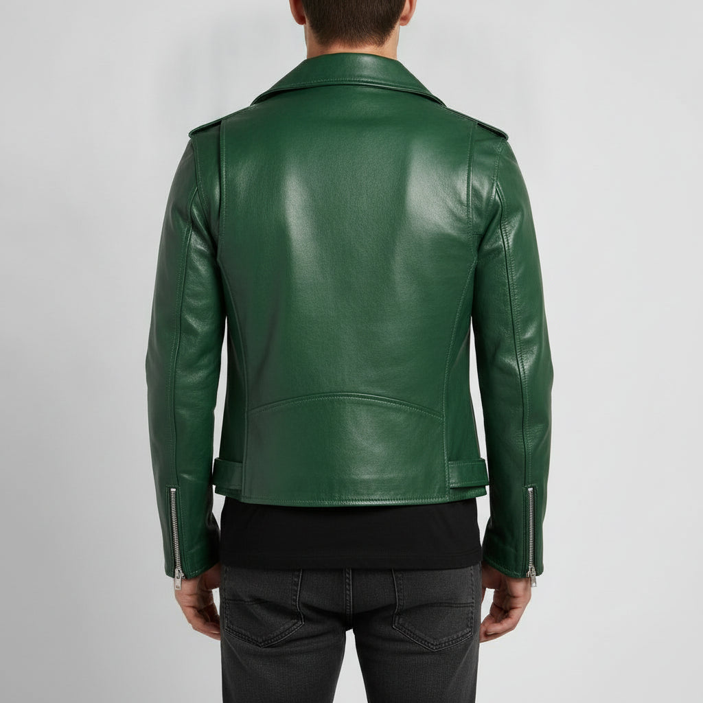 Men's Green Belted Leather Biker Jacket