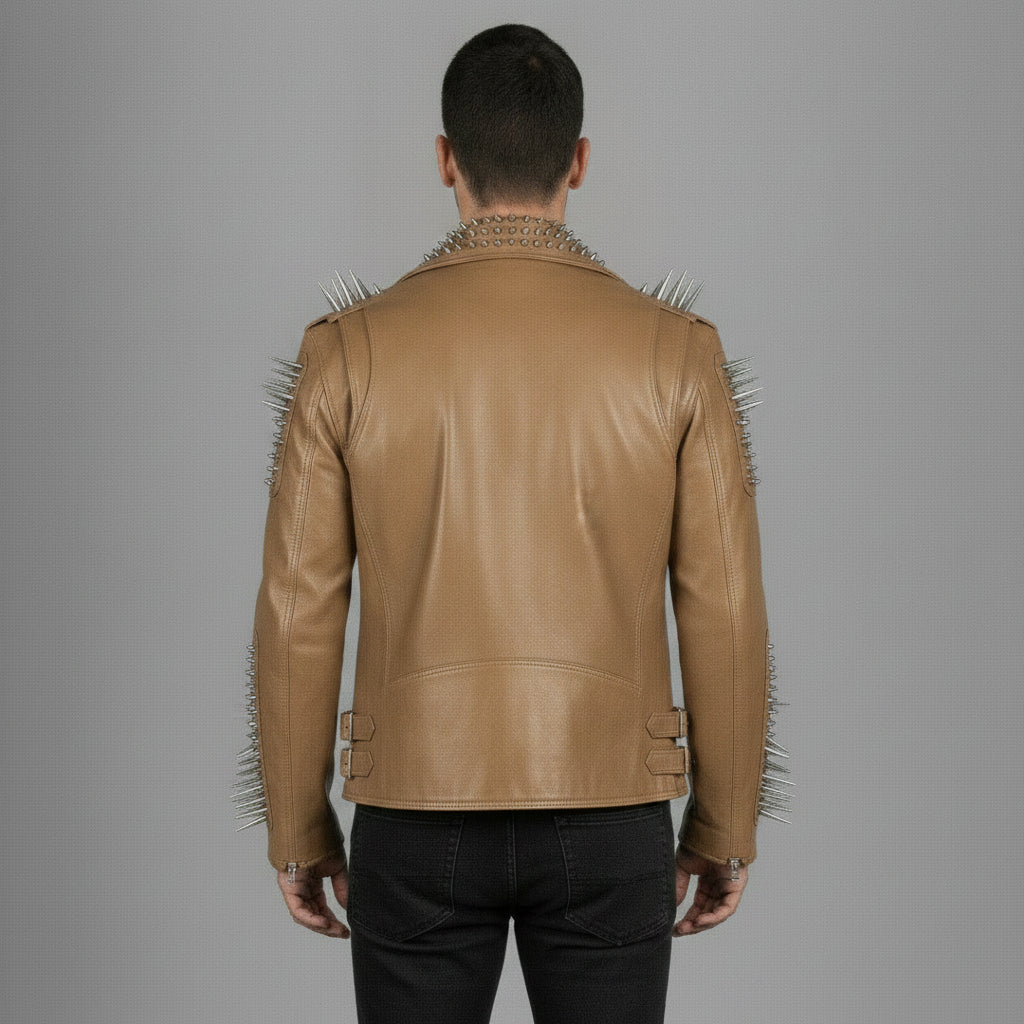 Men's Tan Studded Leather Biker Jacket