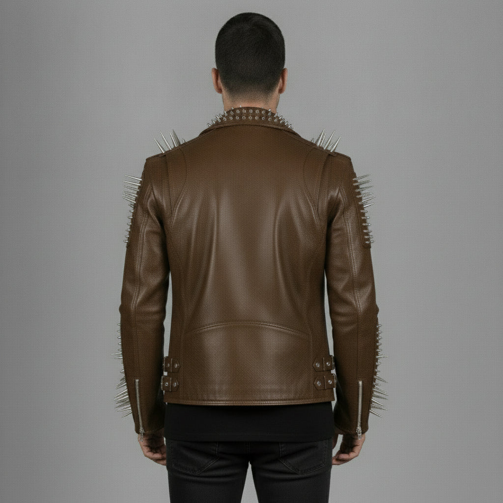 Men's Brown Studded Leather Biker Jacket