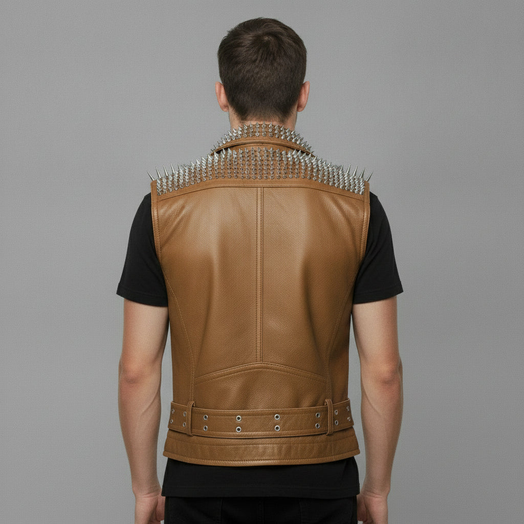 Men's Tan Studded Leather Biker Jacket