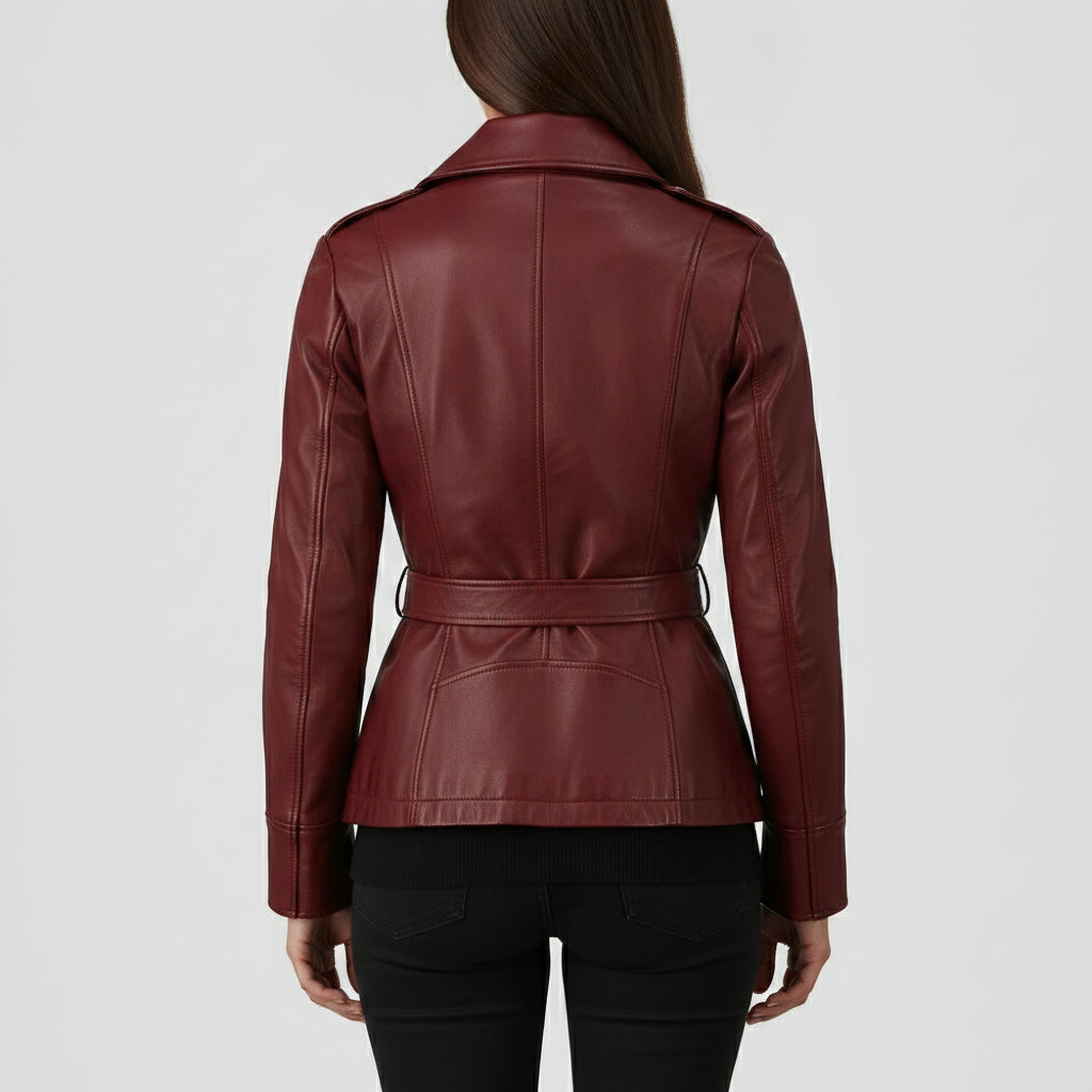Women's Burgundy Belted Asymmetric Zipper Leather Biker Jacket