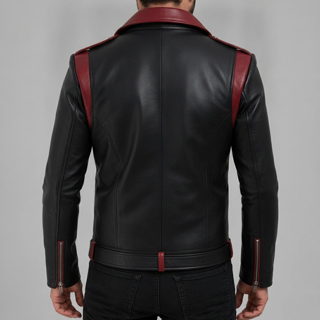 Men's Black and Burgundy Double Rider Leather Biker Jacket — Abbercombe