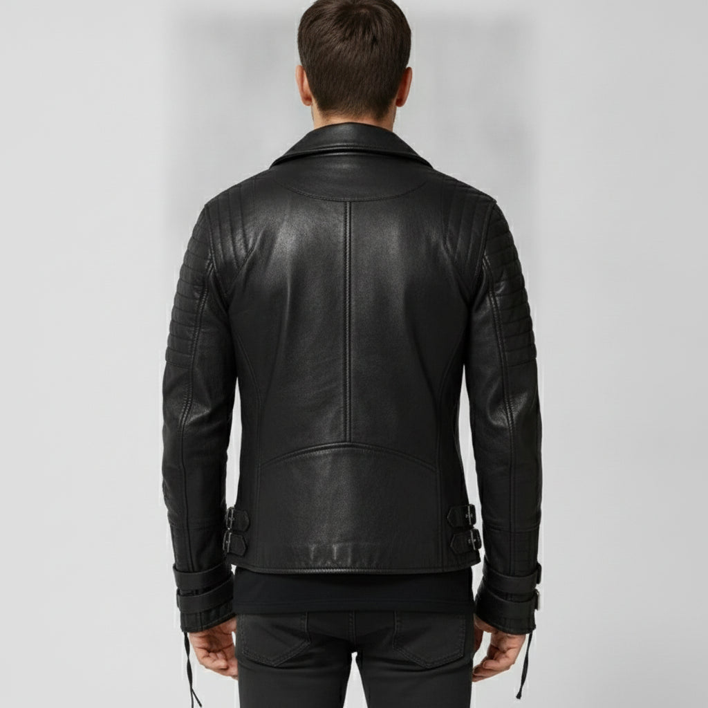 Men's Black Quilted Leather Biker Jacket — Abbett