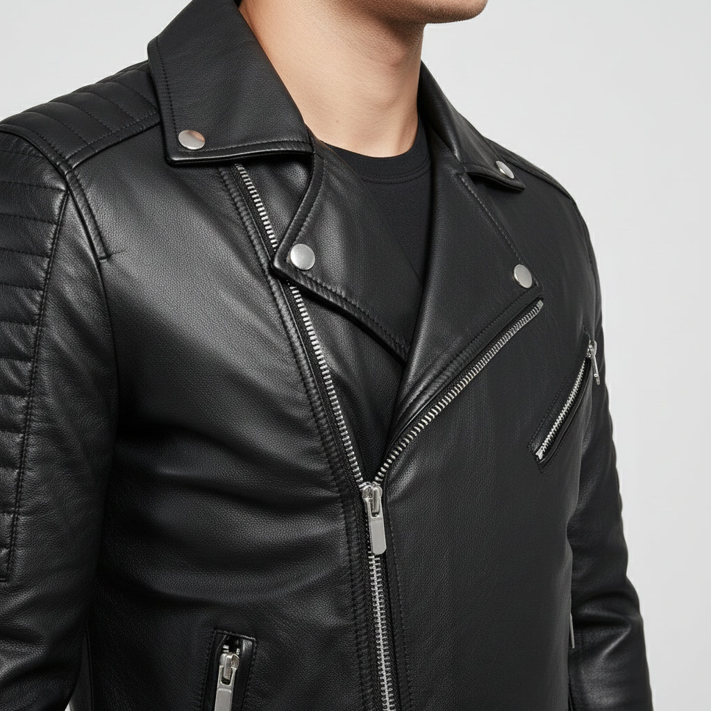 Handmade Men Black Leather Slim Fit Biker Jacket, Men Leather Outerwear for Racers