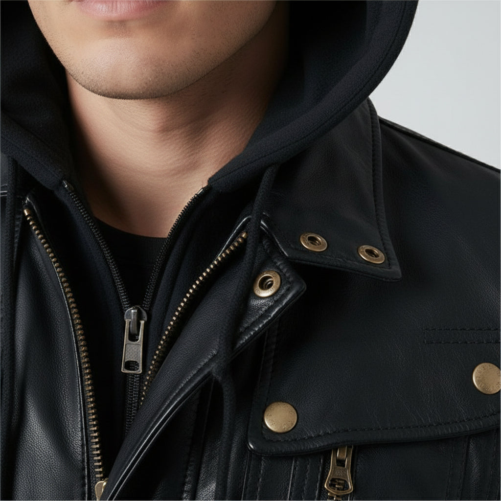 Handmade Biker Motorcycle Winter Hooded Leather Jacket, Men Hooded Jacket