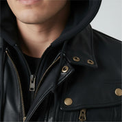 Handmade Biker Motorcycle Winter Hooded Leather Jacket, Men Hooded Jacket