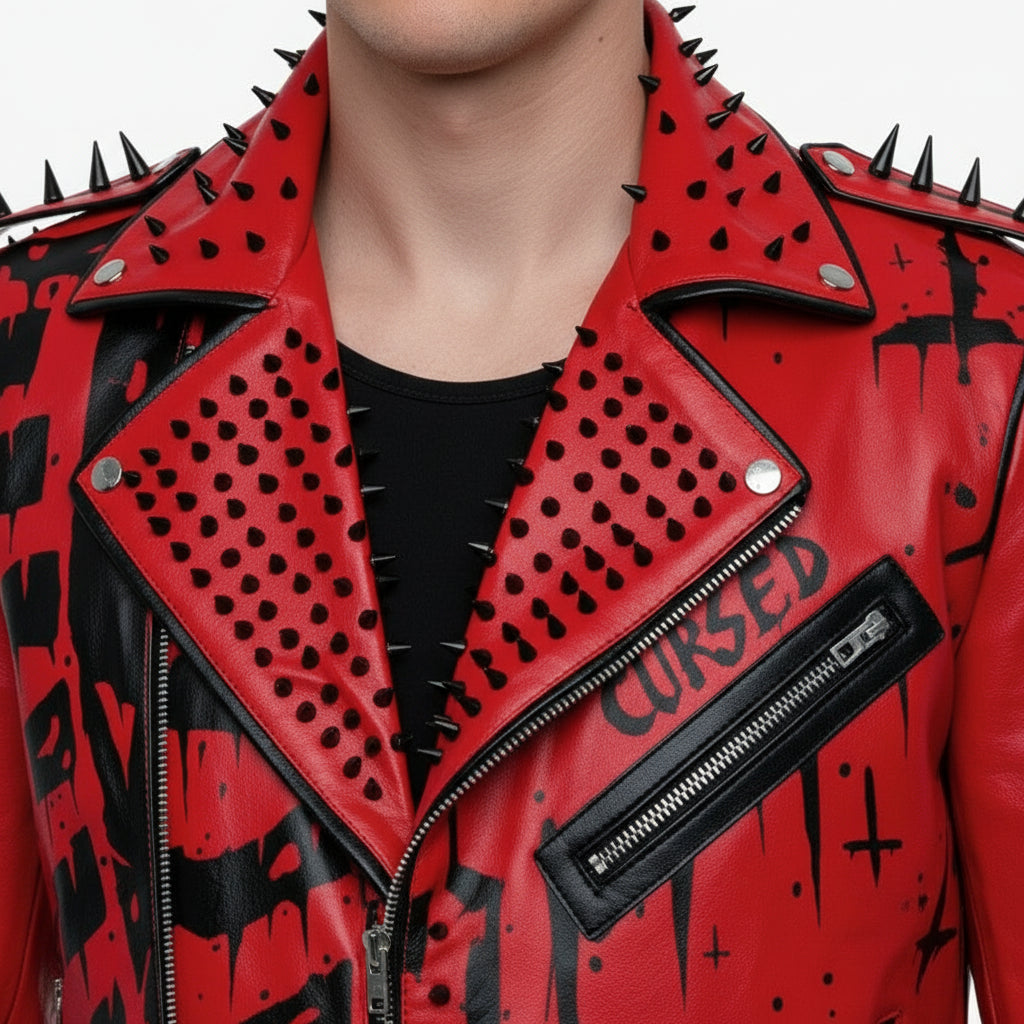 Handmade Red Sinner Leather Jacket, Men Punk Style Fashion Jacket