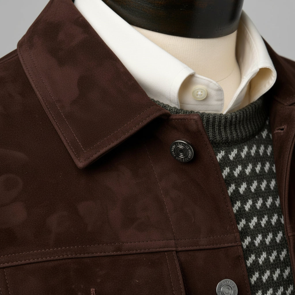 Men's Handmade Brown Suede Trucker Jacket with Classic Shirt Collar