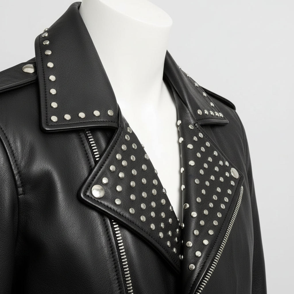 Handmade Fashion Leather Silver Studded Real Soft Leather Biker Style Jacket for Men