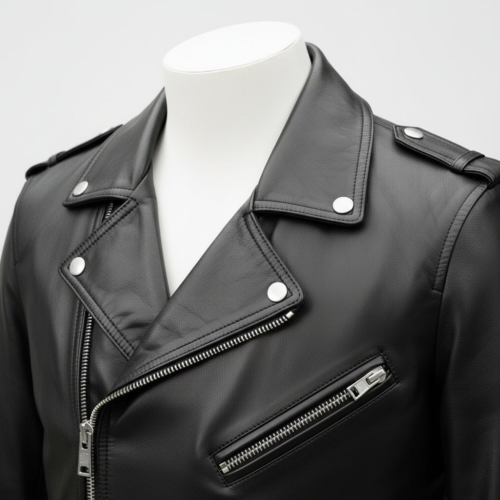 Handmade Men Black Multi Pocktes Biker Leather Jacket, Black Motorcycle Jacket