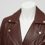 Women's Handmade Biker Maroon Leather Jacket with Zipper Closure