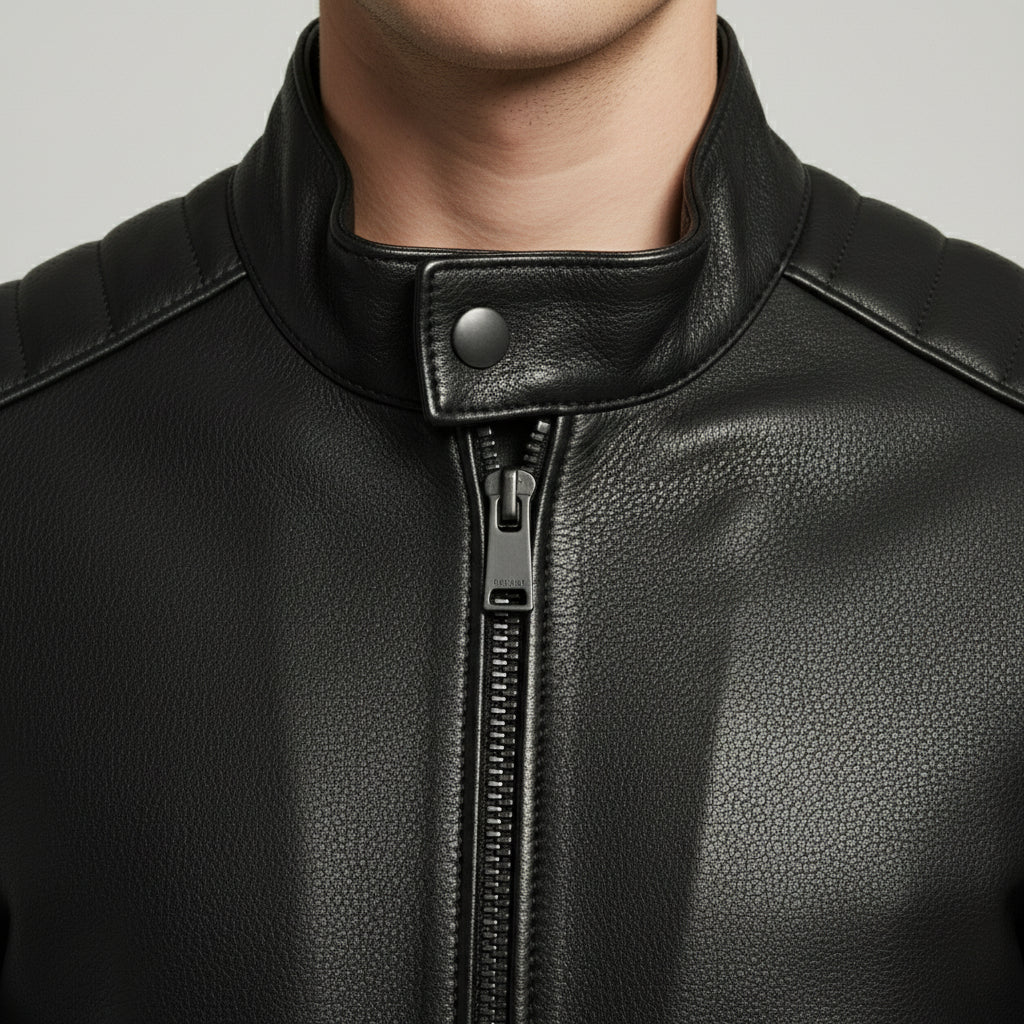 Handmade Men Black Sheep Leather Jacket, Stand Collar Motorcycle Jacket