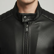 Handmade Men Black Sheep Leather Jacket, Stand Collar Motorcycle Jacket
