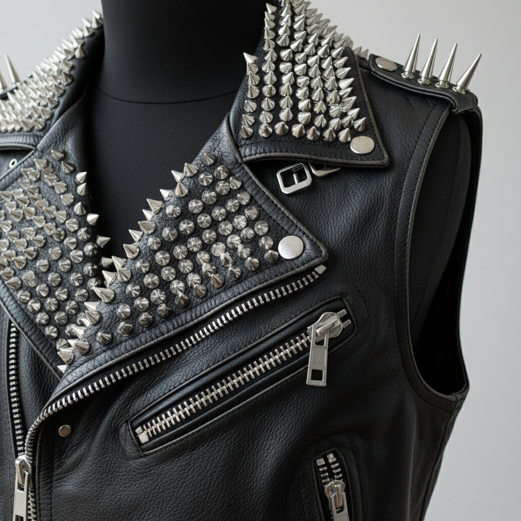 Handmade Men Rock Punk Style Belted Leather Vest, Biker Studded Jacket