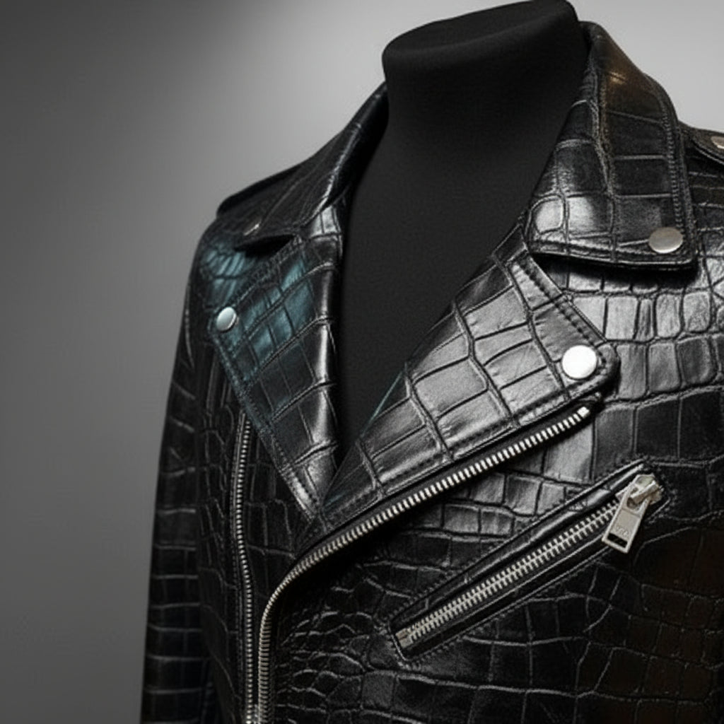 Handmade Men Black Crocodile Biker Leather Jacket,  Motorcycle Jacket