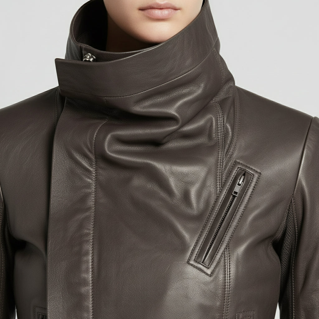 Handmade Women's Brown Wide Collar Leather Jacket