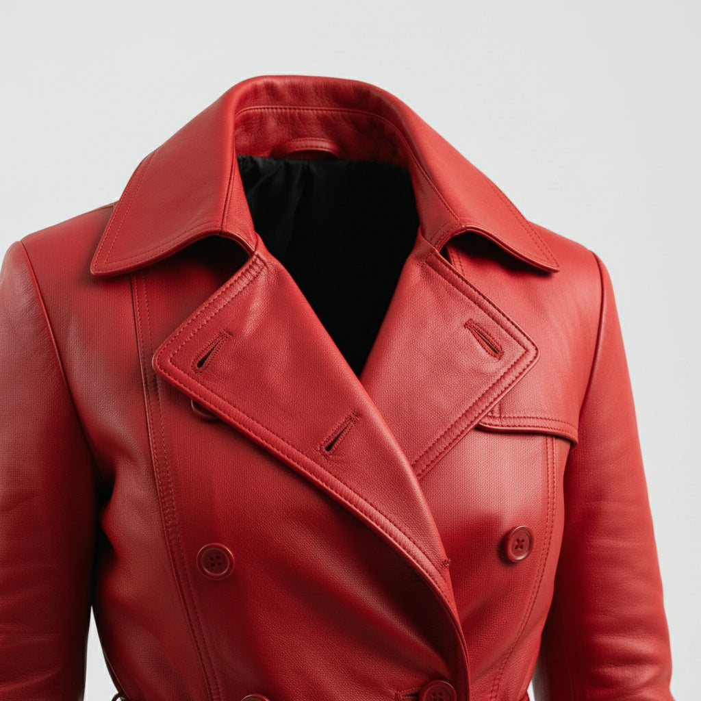 Luxurious Women's Long Fire Red Steampunk Jacket, Premium Lambskin Leather Trench Coat for Women