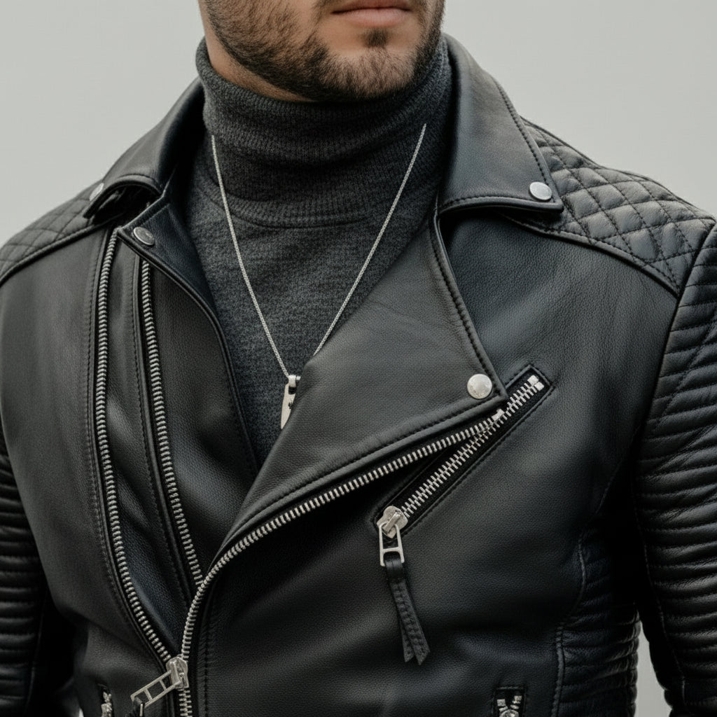 Handmade Men's Black Biker Leather Jacket, Genuine Leather Motorcycle Jacket