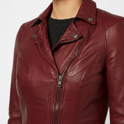 Women's Maroon Front Zip Biker Leather Jacket