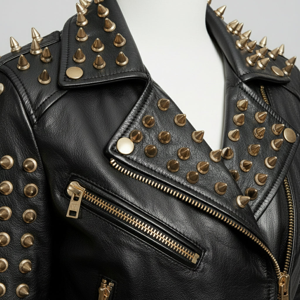Women's Black Full Golden Spiked Studded Brando Leather Jacket