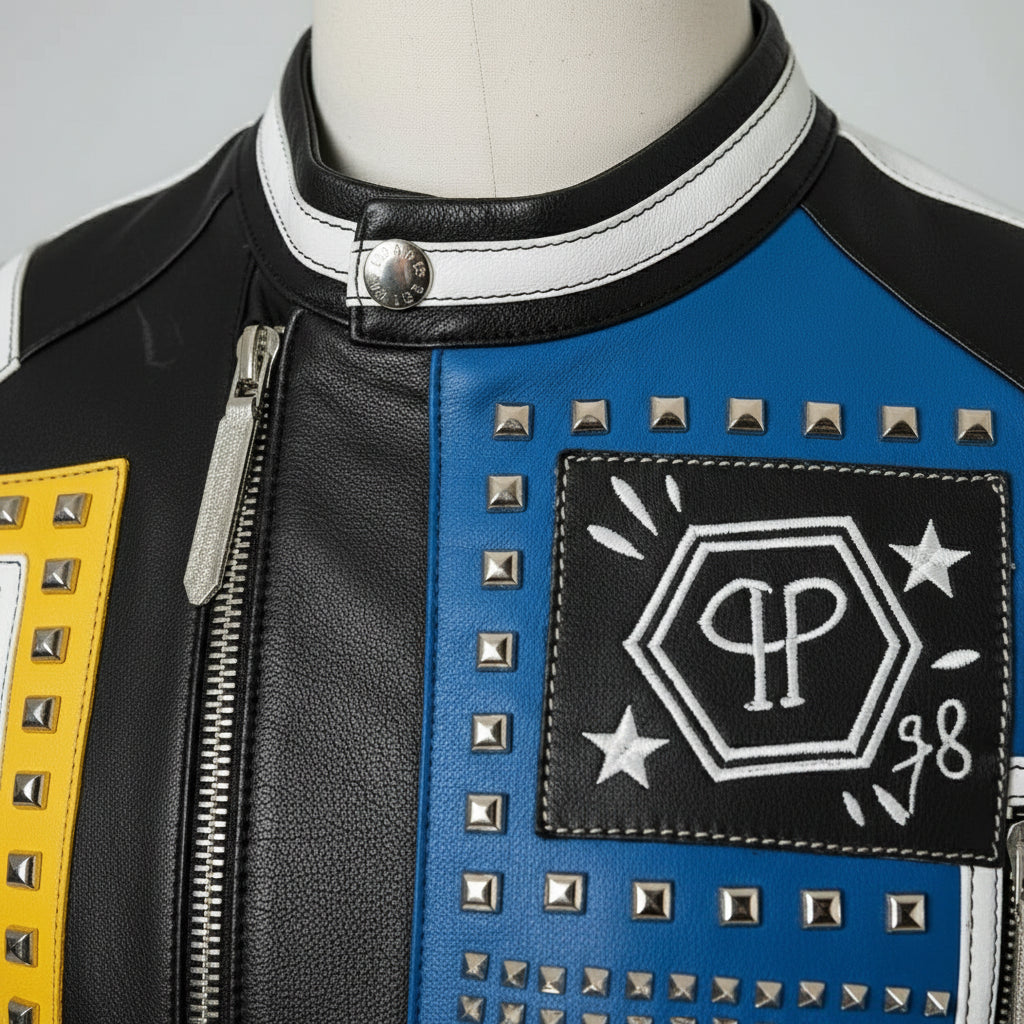 Men's Handmade Retro Diamond Studded Leather Motorcycle Jacket