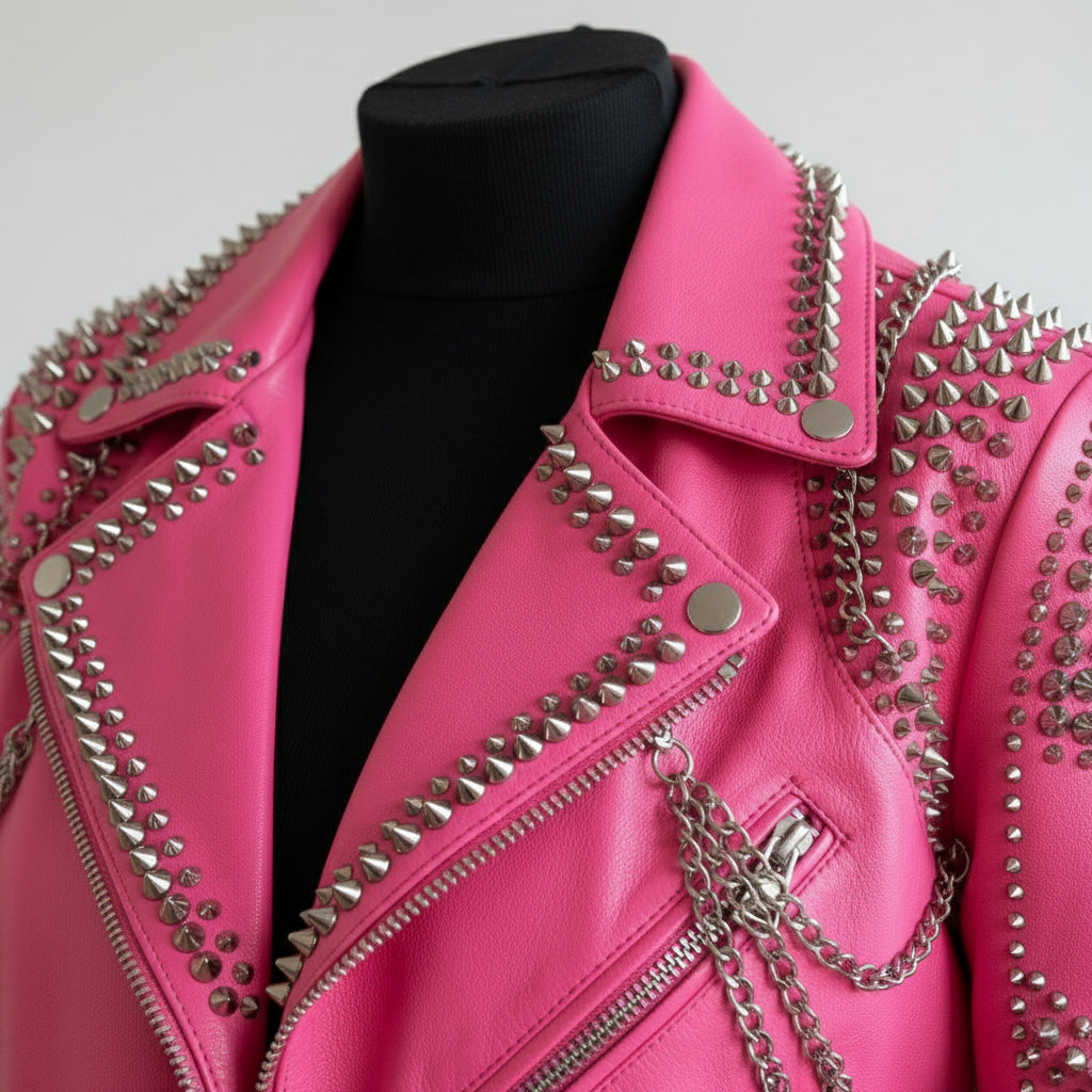 Handmade Women Pink Punk Style Jacket, Leather Gothic Rivet Rock Jacket