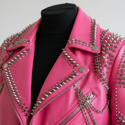 Handmade Women Pink Punk Style Jacket, Leather Gothic Rivet Rock Jacket