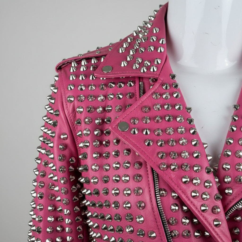 Women's Handmade Gothic Pink Studded Leather Jacket