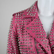 Women's Handmade Gothic Pink Studded Leather Jacket