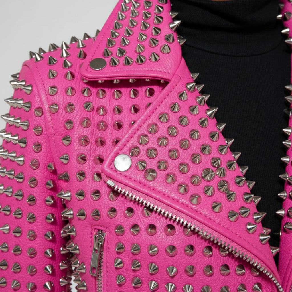 Women's Hot Pink Studded Full-Grain Leather Moto Jacket