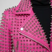 Women's Hot Pink Studded Full-Grain Leather Moto Jacket