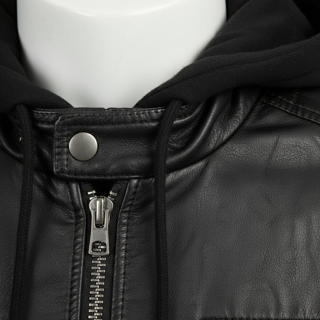 Men's Black Fabric Hooded Leather Bomber Jacket