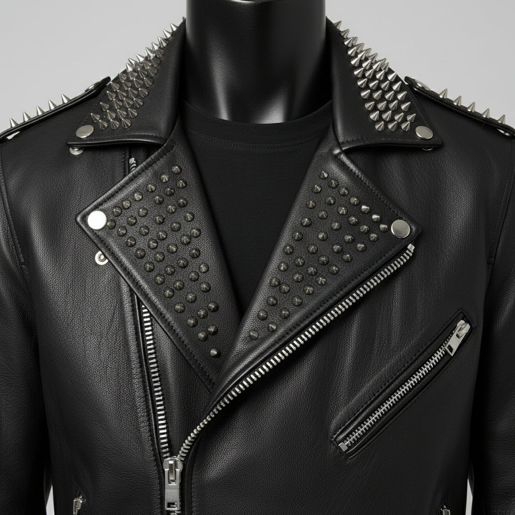 Men's Black Studded Biker Full-Grain Leather Jacket