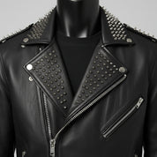 Men's Black Studded Biker Full-Grain Leather Jacket
