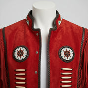 Men's Handmade Fringe Beaded Suede Leather Cowboy Jacket