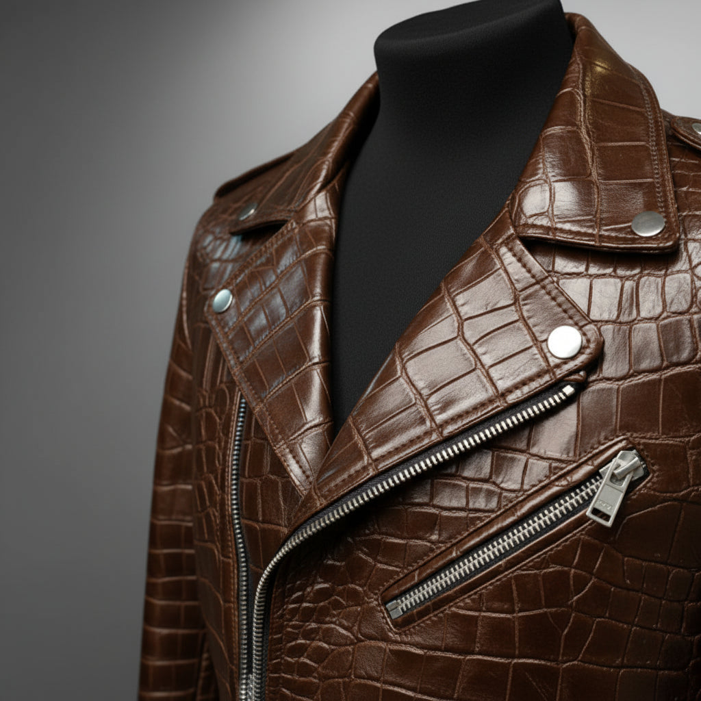 Men's Brown Crocodile Embossed Biker Leather Jacket